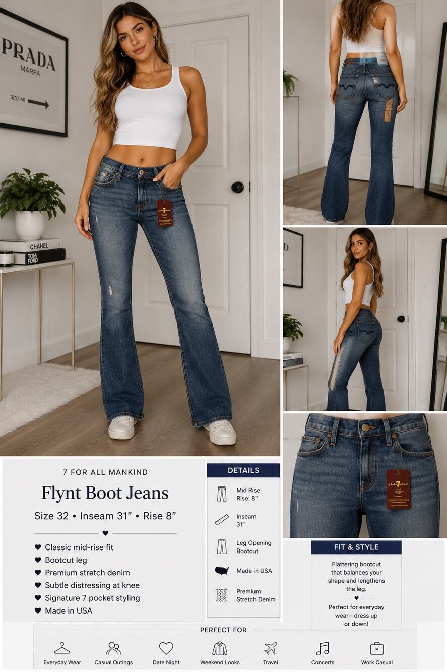 7 For All Mankind Women’s Flynt Boot Jeans 32 31” Inseam 8” Rise New USA $228